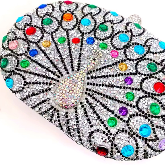Cover Photo Silver Multi Color Crystals Peacock Curved Clutch HandBag - Picture 4 of 7